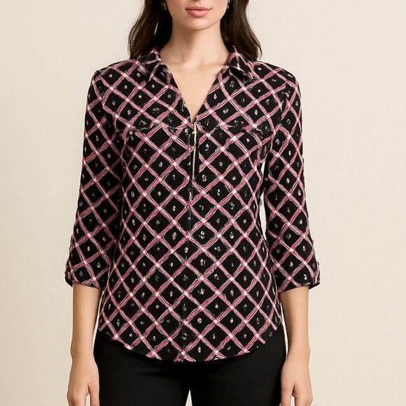 Notations Tops - Notations Black and Pink Geometric Blouse‎